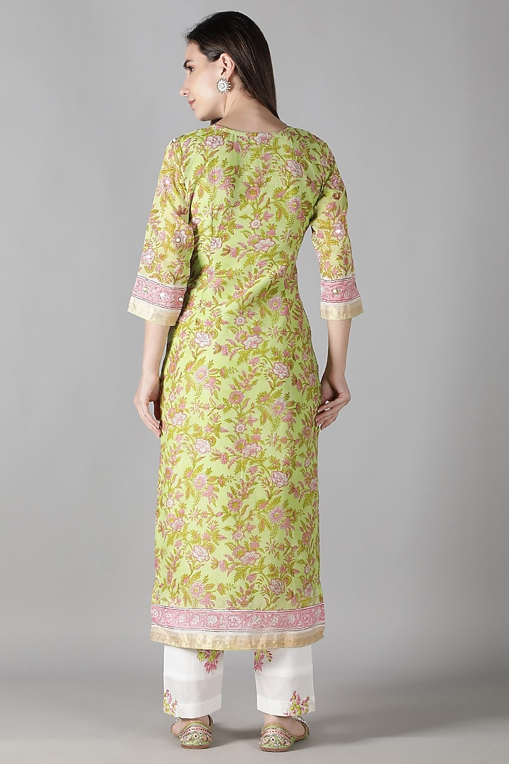 Lime Green Silk & Cotton Floral Printed Kurta Set by Sheeshakari at Pernia's Pop Up Shop