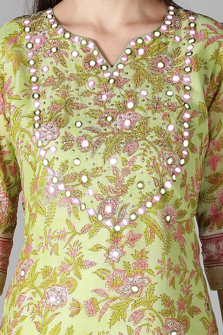 Lime Green Silk & Cotton Floral Printed Kurta Set by Sheeshakari at Pernia's Pop Up Shop