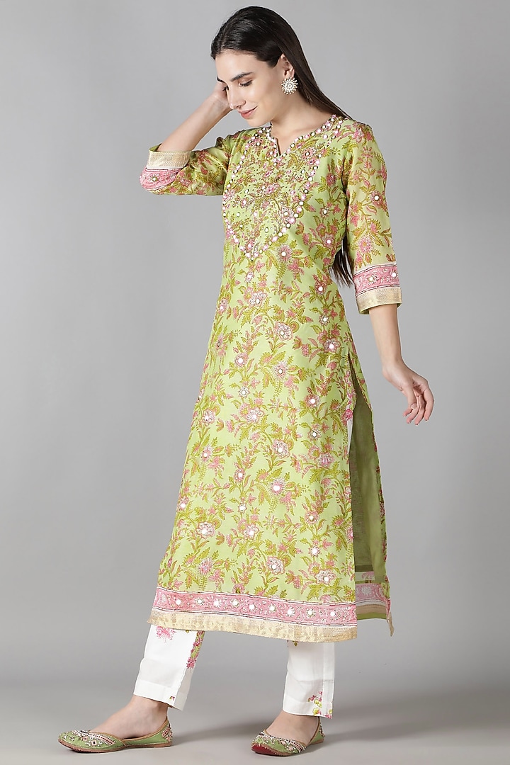 Lime Green Silk & Cotton Floral Printed Kurta Set by Sheeshakari at Pernia's Pop Up Shop