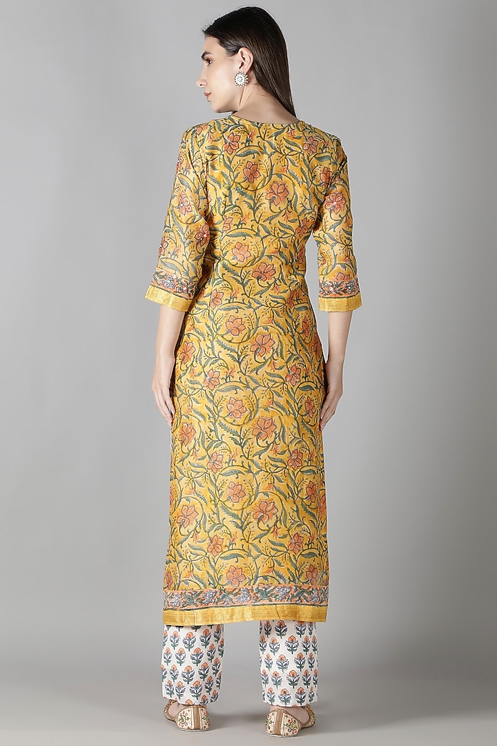 Corn Yellow Silk & Cotton Floral Printed Kurta Set by Sheeshakari at Pernia's Pop Up Shop
