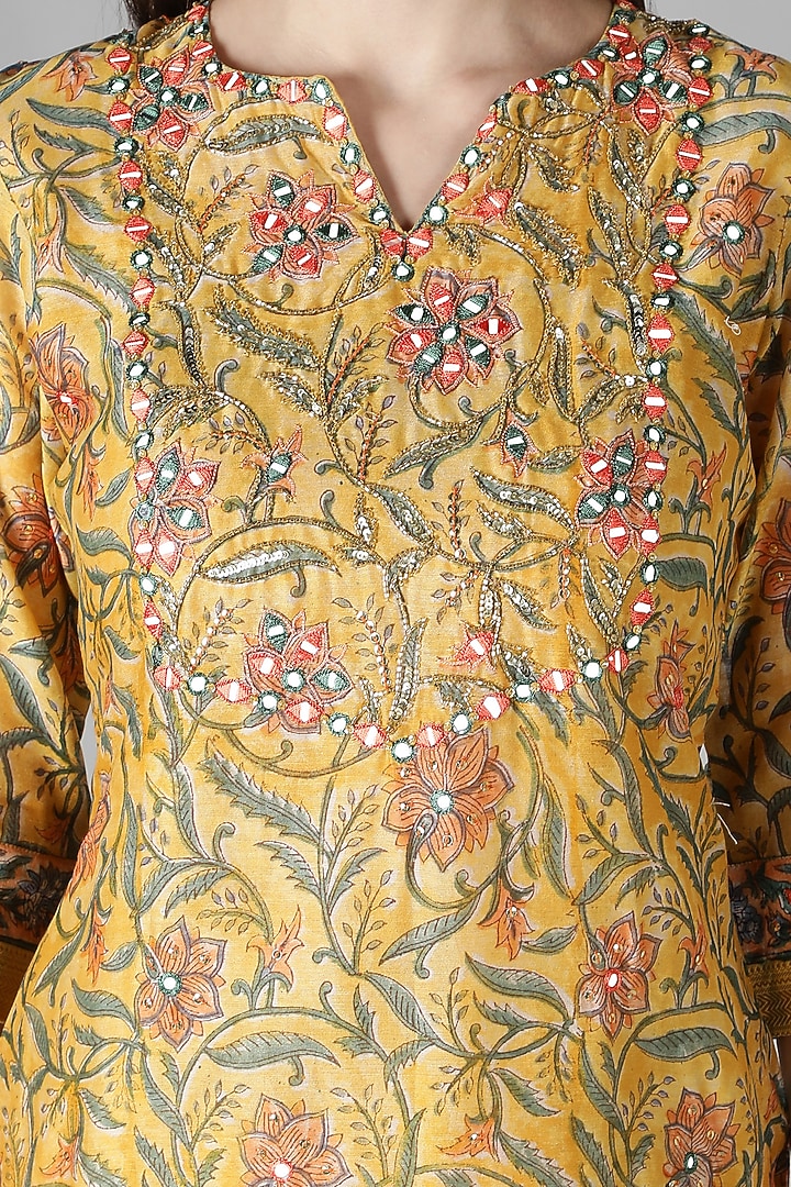 Corn Yellow Silk & Cotton Floral Printed Kurta Set by Sheeshakari at Pernia's Pop Up Shop