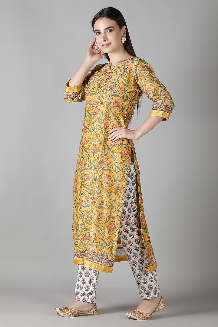 Corn Yellow Silk & Cotton Floral Printed Kurta Set by Sheeshakari at Pernia's Pop Up Shop
