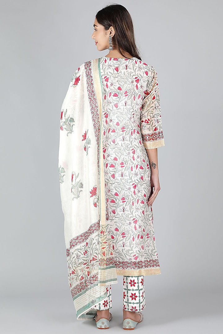 White Silk & Cotton Floral Printed Kurta Set by Sheeshakari at Pernia's Pop Up Shop