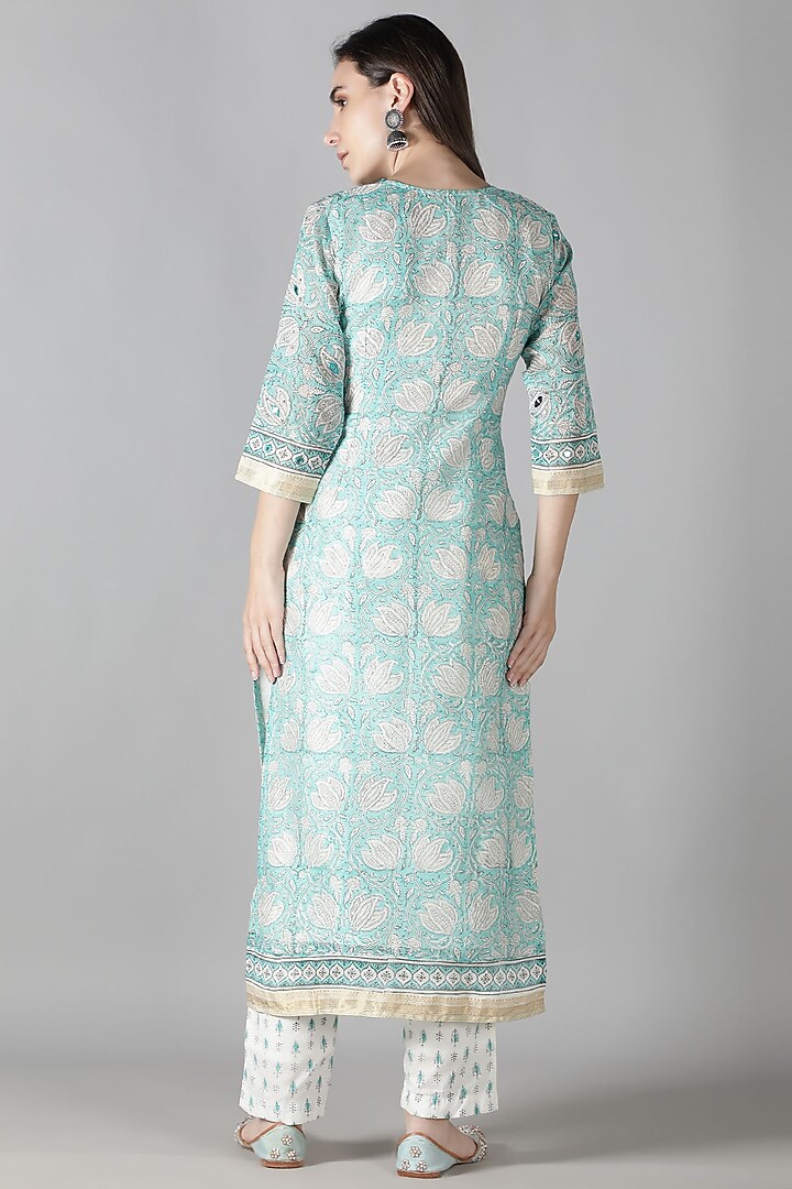 Aqua Blue Silk & Cotton Printed Kurta Set by Sheeshakari at Pernia's Pop Up Shop
