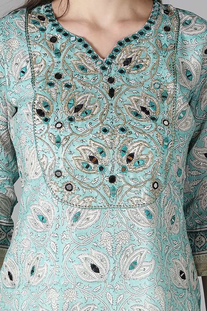 Aqua Blue Silk & Cotton Printed Kurta Set by Sheeshakari at Pernia's Pop Up Shop