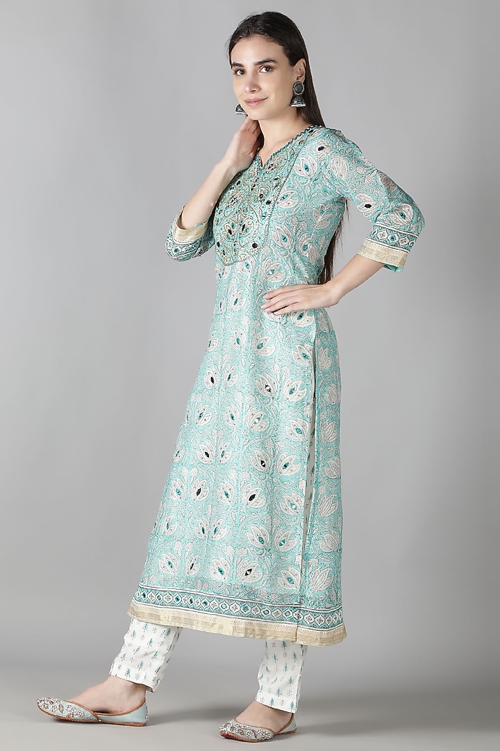 Aqua Blue Silk & Cotton Printed Kurta Set by Sheeshakari at Pernia's Pop Up Shop