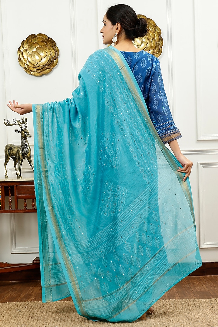 Blue Chanderi Silk Hand Embroidered Kurta Set by Sheeshakari at Pernia's Pop Up Shop
