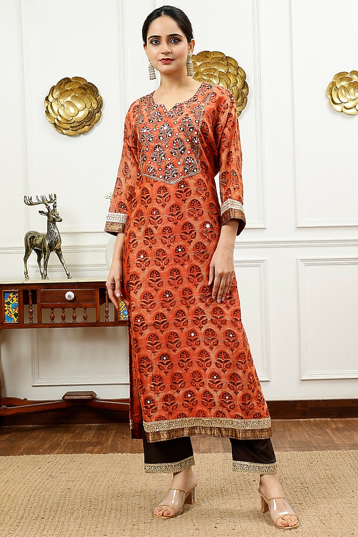 Burnt Orange Silk Hand Embroidered Kurta Set by Sheeshakari at Pernia's Pop Up Shop
