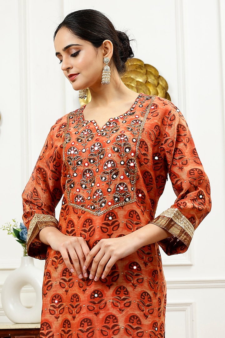 Burnt Orange Silk Hand Embroidered Kurta Set by Sheeshakari at Pernia's Pop Up Shop