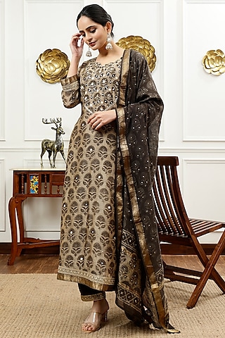 Brown Silk Hand Embroidered & Printed Kurta Set by Sheeshakari