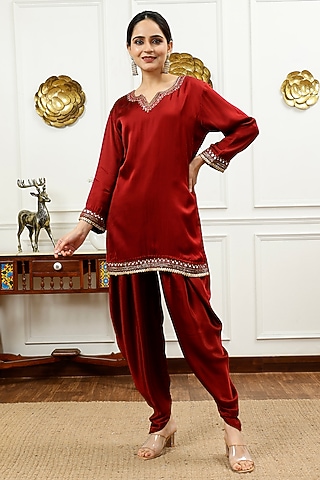 Rust Silk Dhoti Set by Sheeshakari