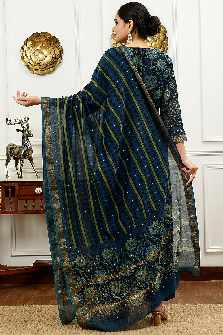 Navy Blue Silk Hand Embroidered Kurta Set by Sheeshakari at Pernia's Pop Up Shop