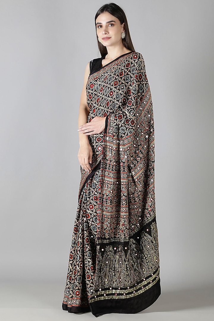 Black Silk Bead Handwork Reception Saree Set by Sheeshakari at Pernia's Pop Up Shop