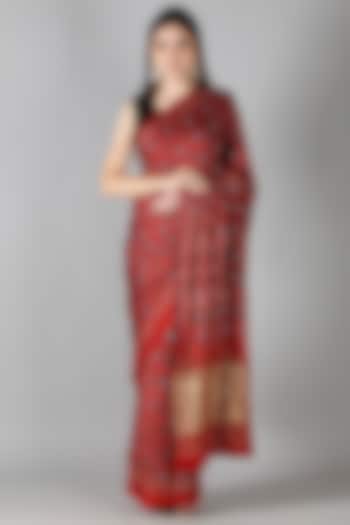 Red Silk Resham Hand Work Reception Saree Set by Sheeshakari at Pernia's Pop Up Shop