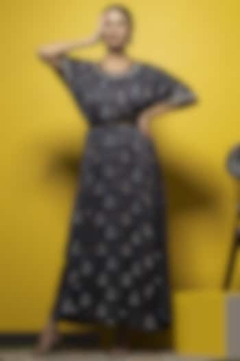 Blue Silk Embroidered & Ajrakh Printed Kaftan by Sheeshakari at Pernia's Pop Up Shop