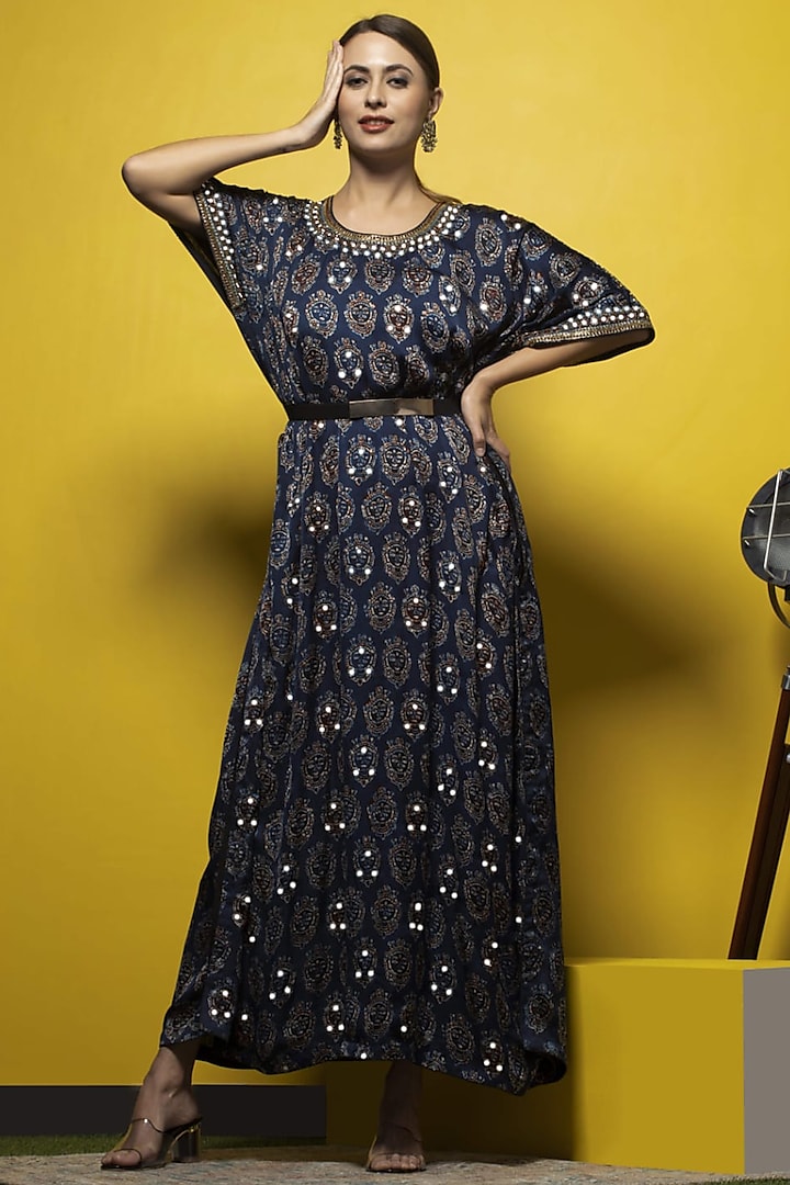 Blue Silk Embroidered & Ajrakh Printed Kaftan by Sheeshakari at Pernia's Pop Up Shop