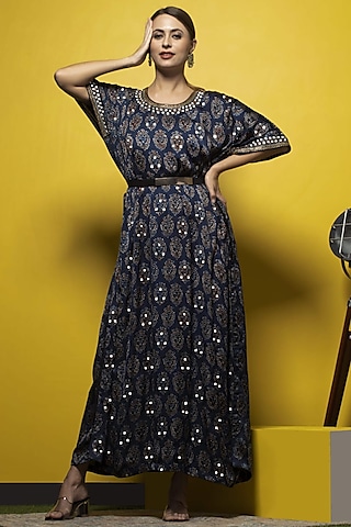 Blue Silk Embroidered & Ajrakh Printed Kaftan by Sheeshakari