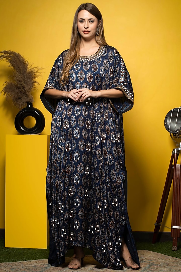 Blue Silk Embroidered & Ajrakh Printed Kaftan by Sheeshakari at Pernia's Pop Up Shop