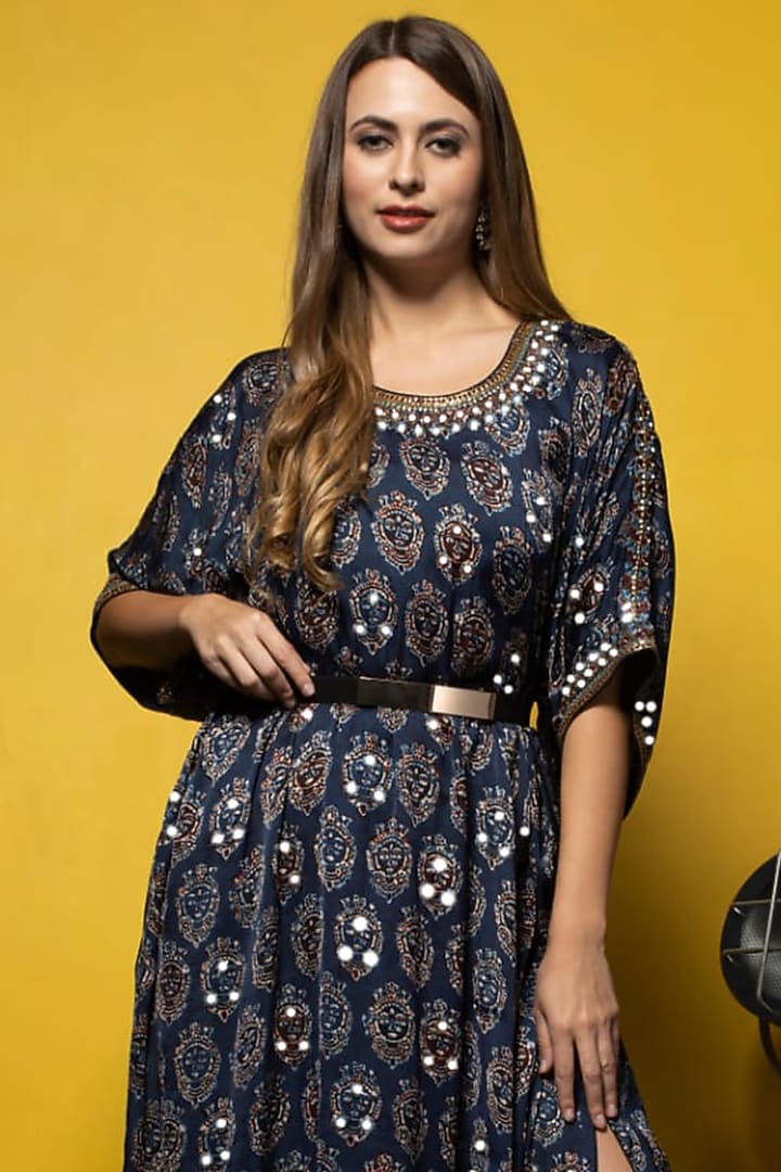 Blue Silk Embroidered & Ajrakh Printed Kaftan by Sheeshakari at Pernia's Pop Up Shop