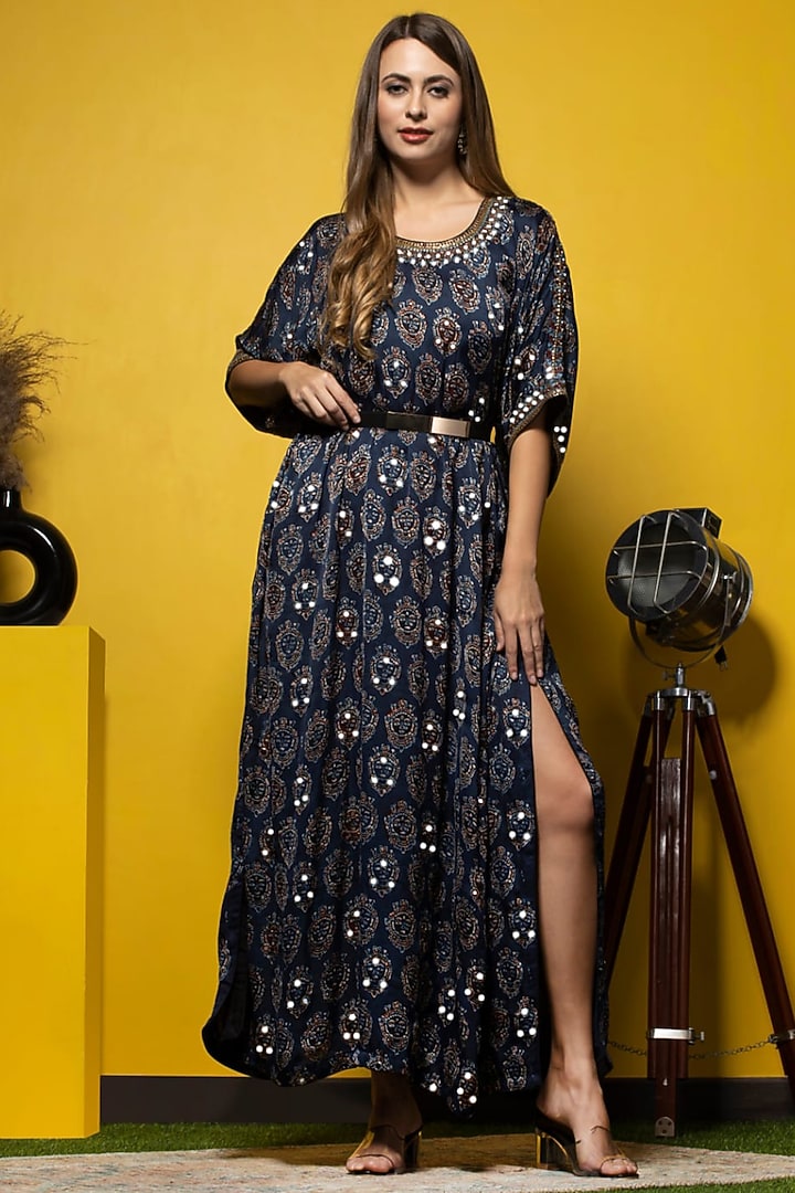 Blue Silk Embroidered & Ajrakh Printed Kaftan by Sheeshakari at Pernia's Pop Up Shop