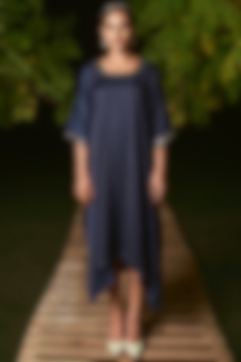 Midnight Blue Silk Hand Embroidered Kaftan by Sheeshakari at Pernia's Pop Up Shop
