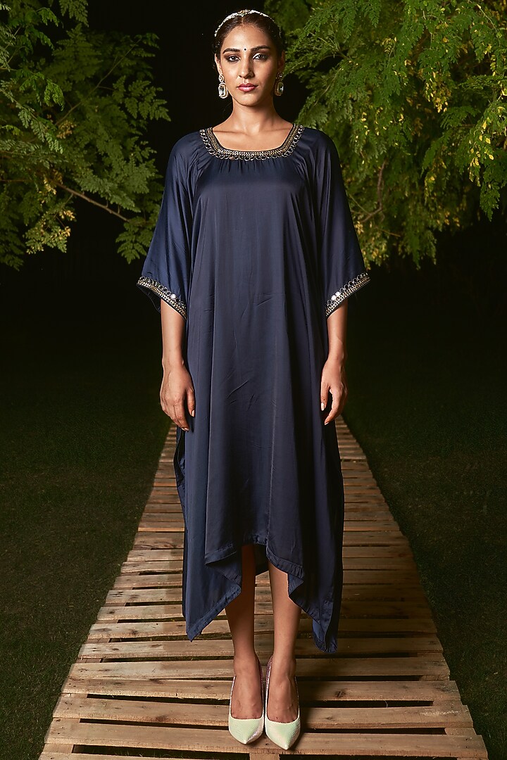 Midnight Blue Silk Hand Embroidered Kaftan by Sheeshakari at Pernia's Pop Up Shop