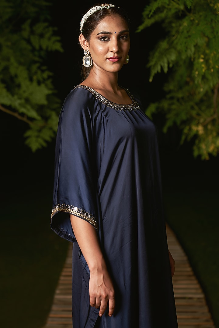 Midnight Blue Silk Hand Embroidered Kaftan by Sheeshakari at Pernia's Pop Up Shop