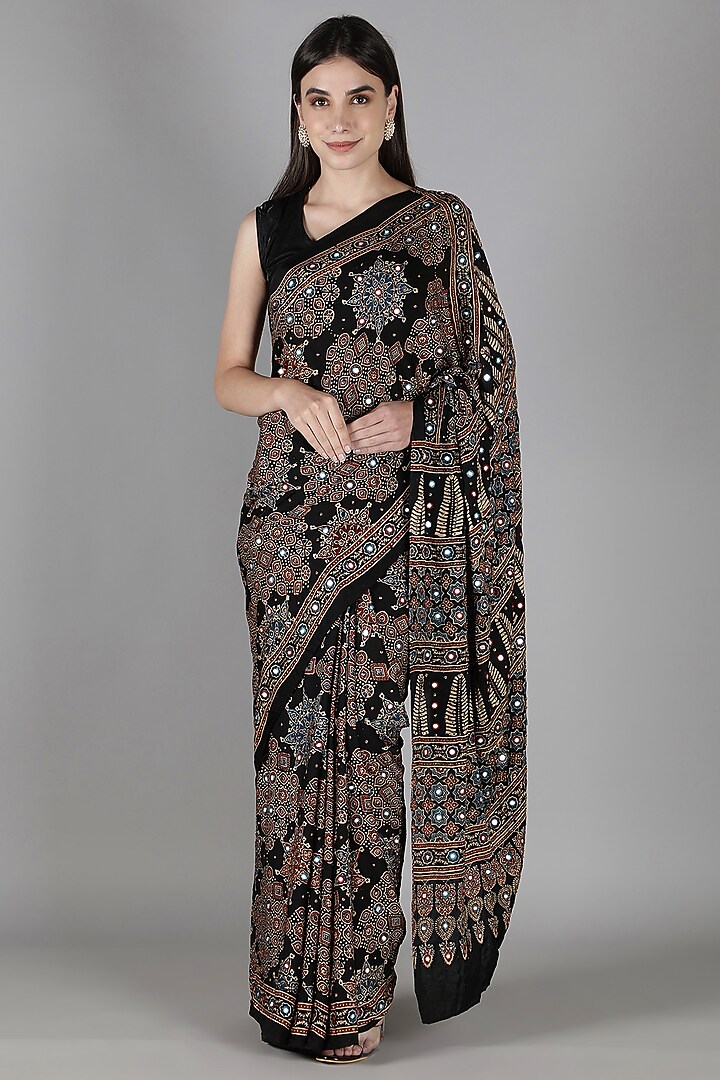 Black Silk Bead Handwork Reception Saree Set by Sheeshakari at Pernia's Pop Up Shop