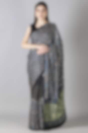 Blue Silk Aari Handwork Reception Saree Set by Sheeshakari at Pernia's Pop Up Shop