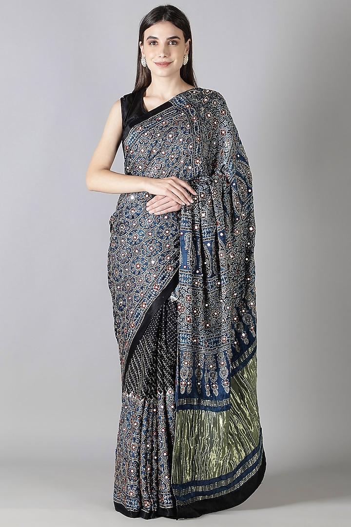 Blue Silk Aari Handwork Reception Saree Set by Sheeshakari at Pernia's Pop Up Shop