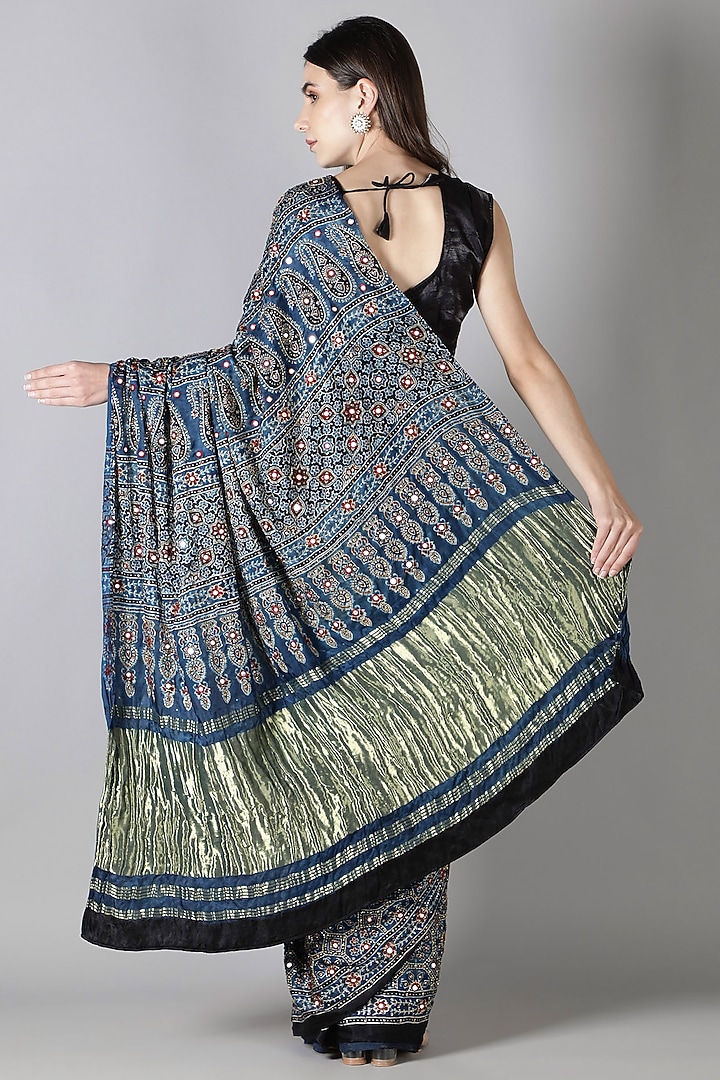 Blue Silk Aari Handwork Reception Saree Set by Sheeshakari at Pernia's Pop Up Shop