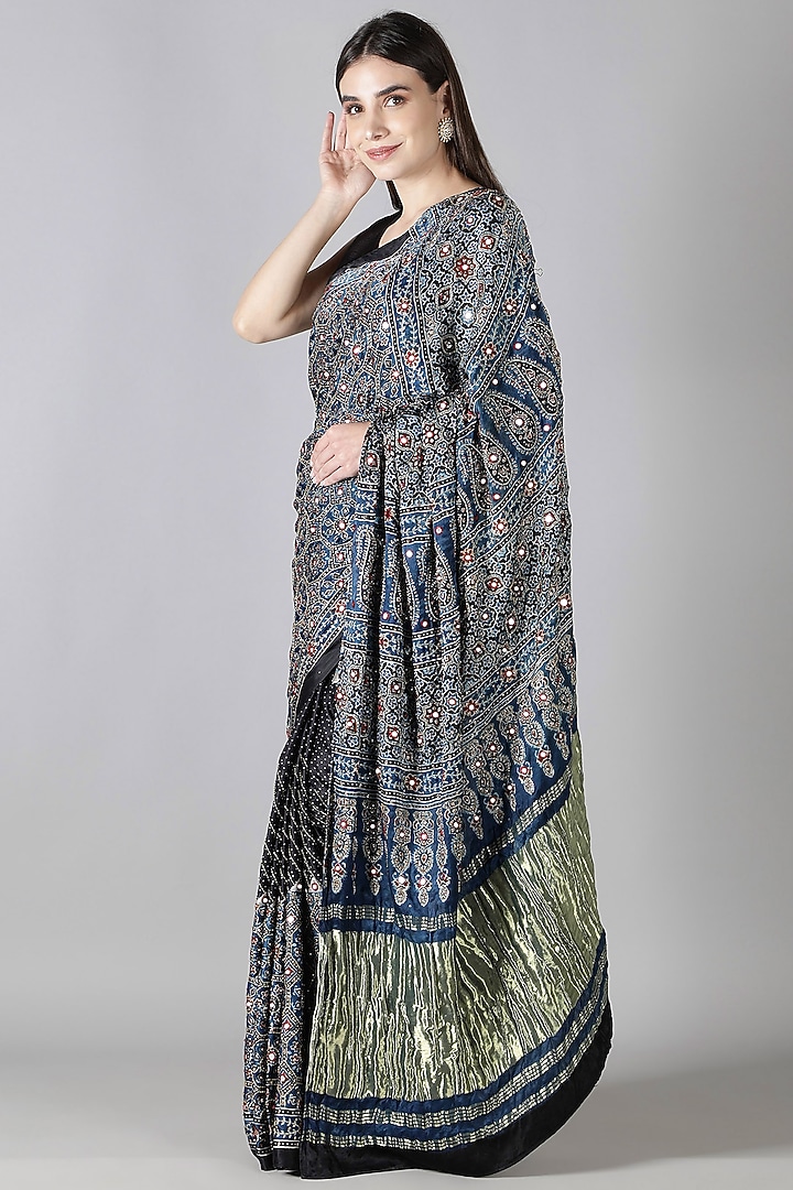 Blue Silk Aari Handwork Reception Saree Set by Sheeshakari at Pernia's Pop Up Shop
