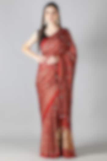 Red Silk Zari Embroidered Reception Saree Set by Sheeshakari at Pernia's Pop Up Shop