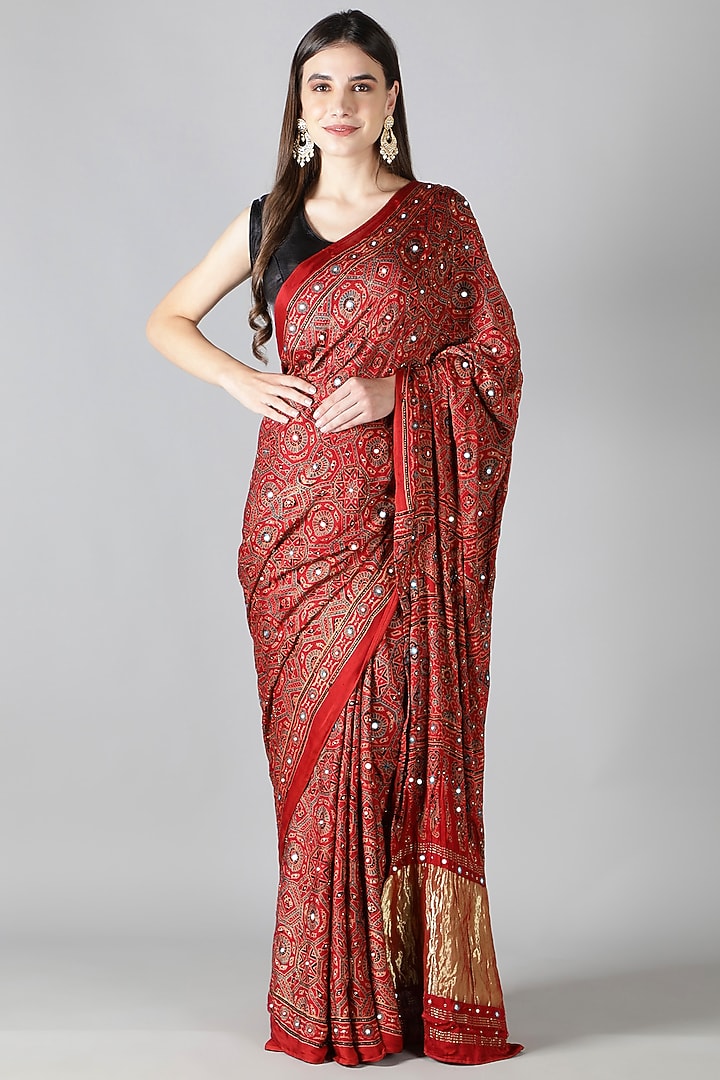 Red Silk Zari Embroidered Reception Saree Set by Sheeshakari at Pernia's Pop Up Shop