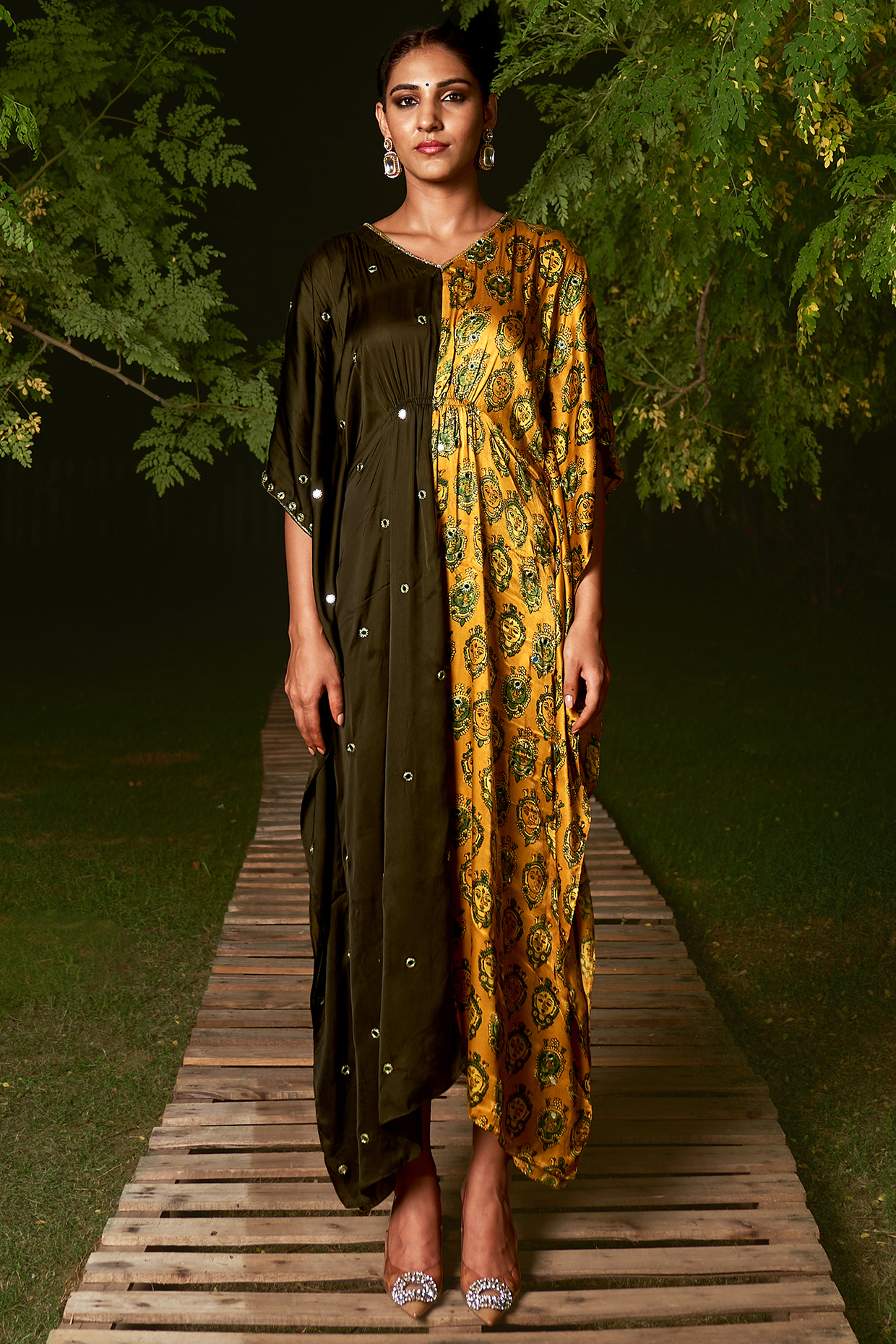 Yellow & Green Silk Ajrakh Printed Kaftan by Sheeshakari at Pernia's Pop Up Shop