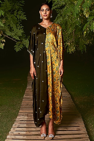 Yellow & Green Silk Ajrakh Printed Kaftan by Sheeshakari
