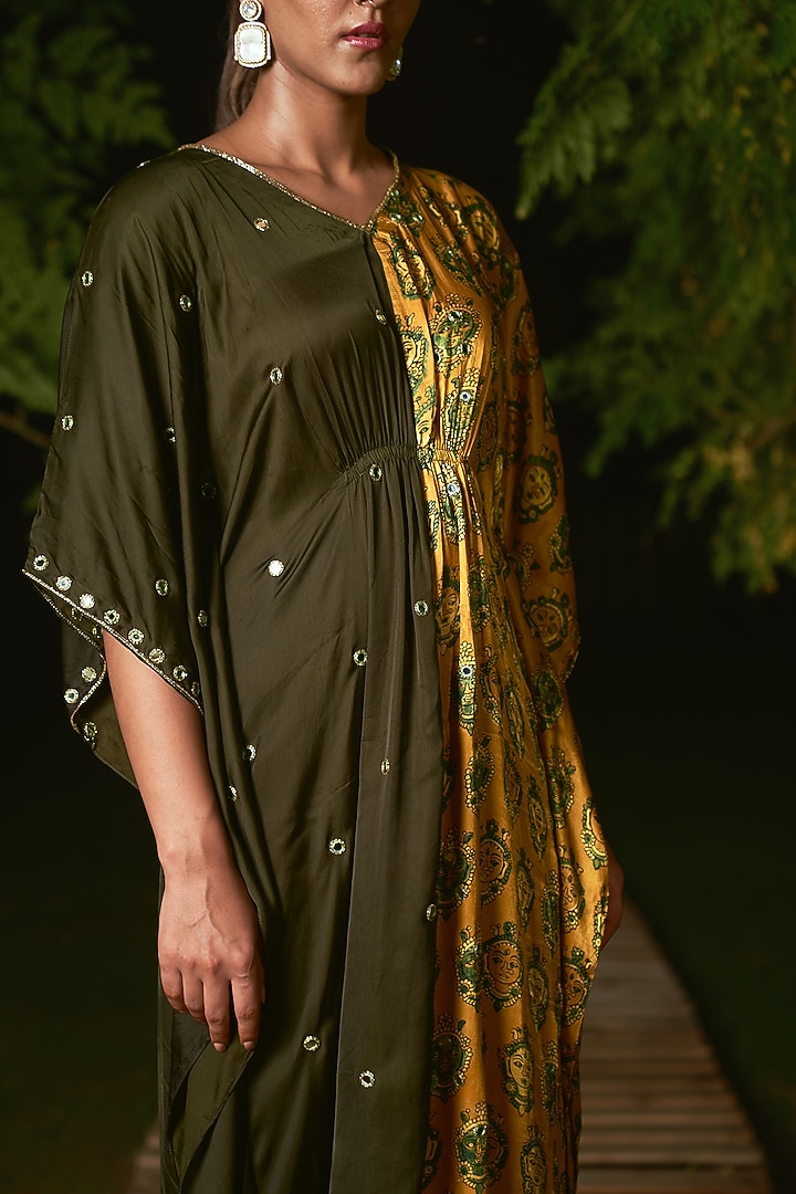 Yellow & Green Silk Ajrakh Printed Kaftan by Sheeshakari at Pernia's Pop Up Shop