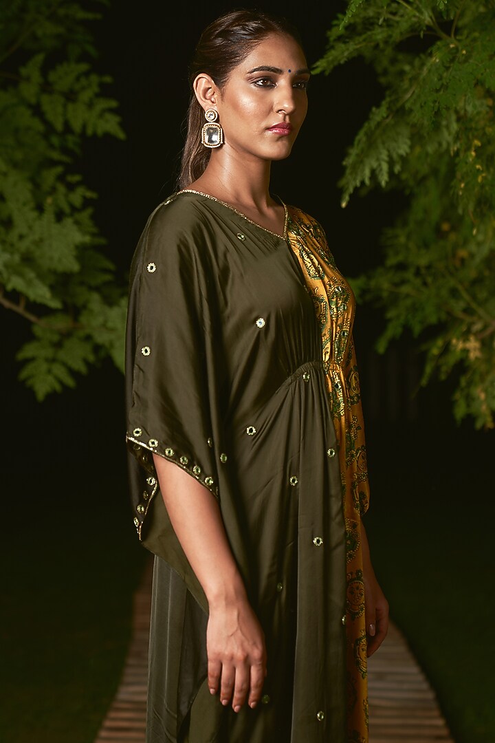 Yellow & Green Silk Ajrakh Printed Kaftan by Sheeshakari at Pernia's Pop Up Shop