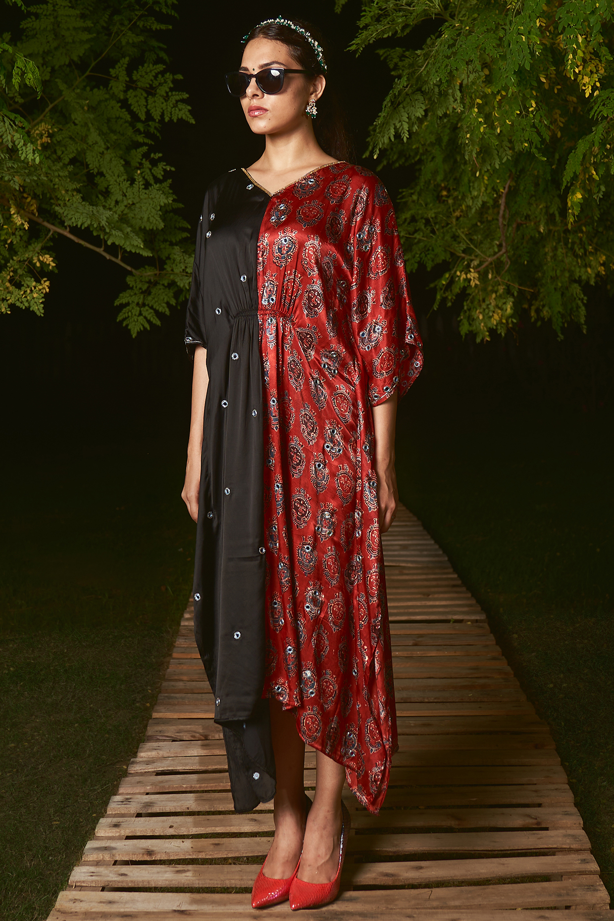 Red & Black Silk Ajrakh Printed Kaftan by Sheeshakari at Pernia's Pop Up Shop