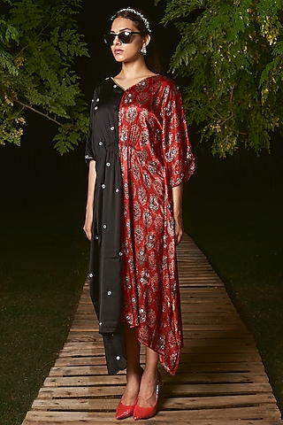 Red & Black Silk Ajrakh Printed Kaftan by Sheeshakari