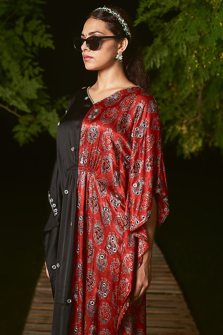 Red & Black Silk Ajrakh Printed Kaftan by Sheeshakari at Pernia's Pop Up Shop