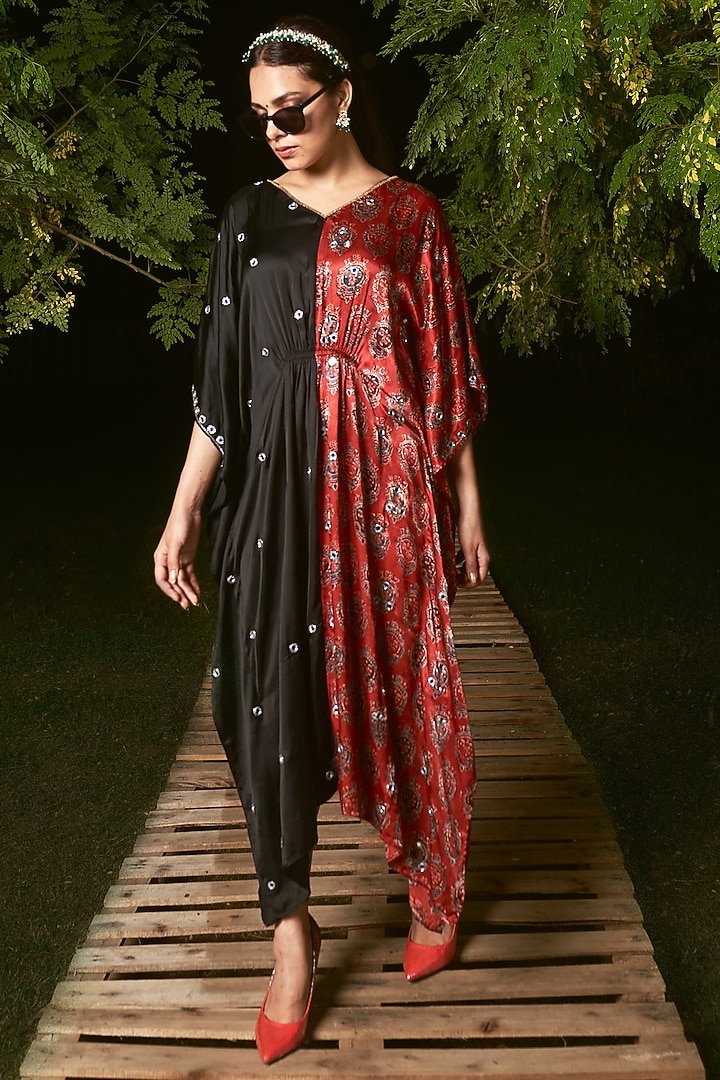 Red & Black Silk Ajrakh Printed Kaftan by Sheeshakari at Pernia's Pop Up Shop