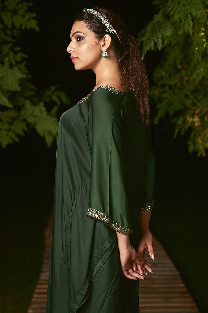 Moss Green Silk Hand Embroidered Kaftan by Sheeshakari at Pernia's Pop Up Shop