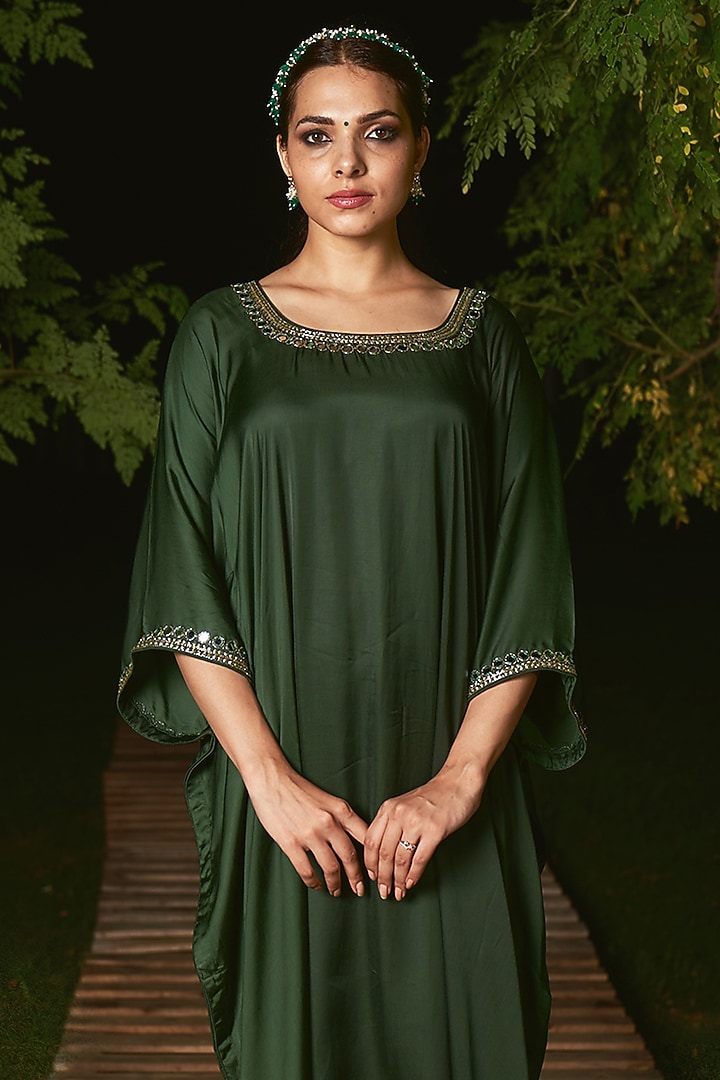 Moss Green Silk Hand Embroidered Kaftan by Sheeshakari at Pernia's Pop Up Shop