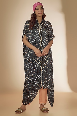 Grey Bandhani Silk Beads & Mirror Hand Embroidered Kaftan Set by Sheeshakari