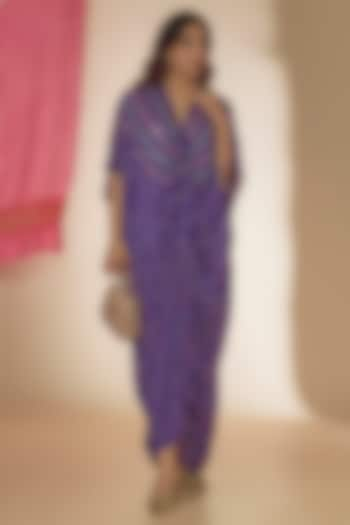 Purple Silk Bandhani Printed & Mirror Hand Embroidered Kaftan Dress by Sheeshakari at Pernia's Pop Up Shop