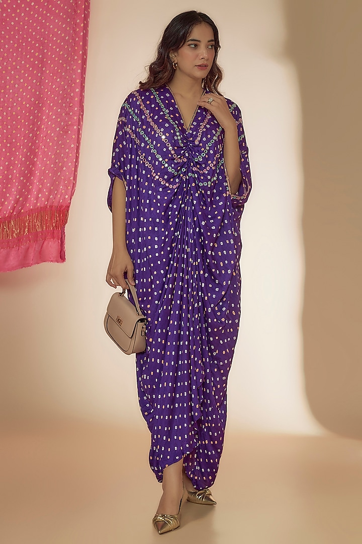 Purple Silk Bandhani Printed & Mirror Hand Embroidered Kaftan Dress by Sheeshakari at Pernia's Pop Up Shop