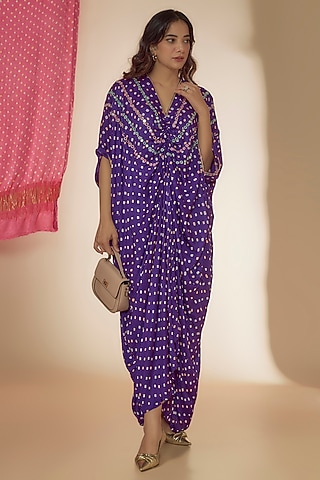Purple Silk Bandhani Printed & Mirror Hand Embroidered Kaftan Dress by Sheeshakari