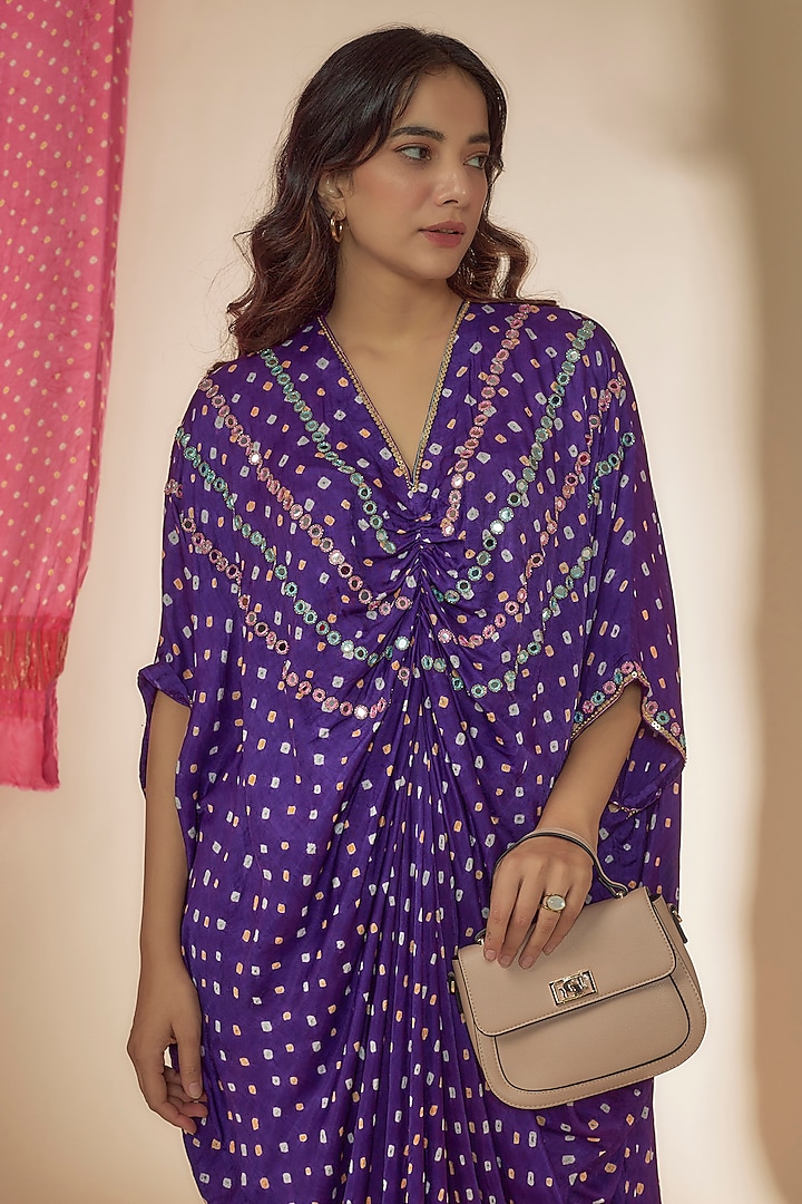 Purple Silk Bandhani Printed & Mirror Hand Embroidered Kaftan Vacation Dress by Sheeshakari at Pernia's Pop Up Shop