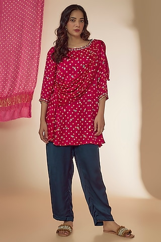 Pink & Blue Silk Hand Embroidered Pant Set by Sheeshakari